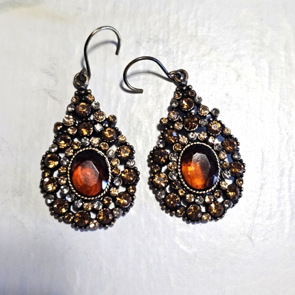 Monet Dangle Earrings Topaz Center Antique Gold Finish